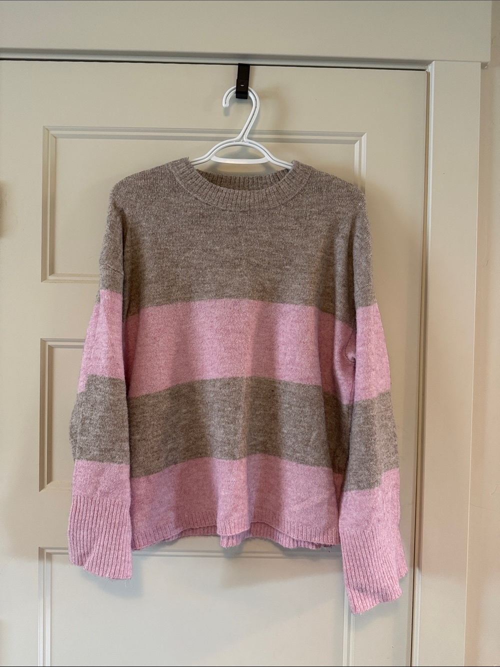Cozy Pink and Gray Striped Crewneck Sweater